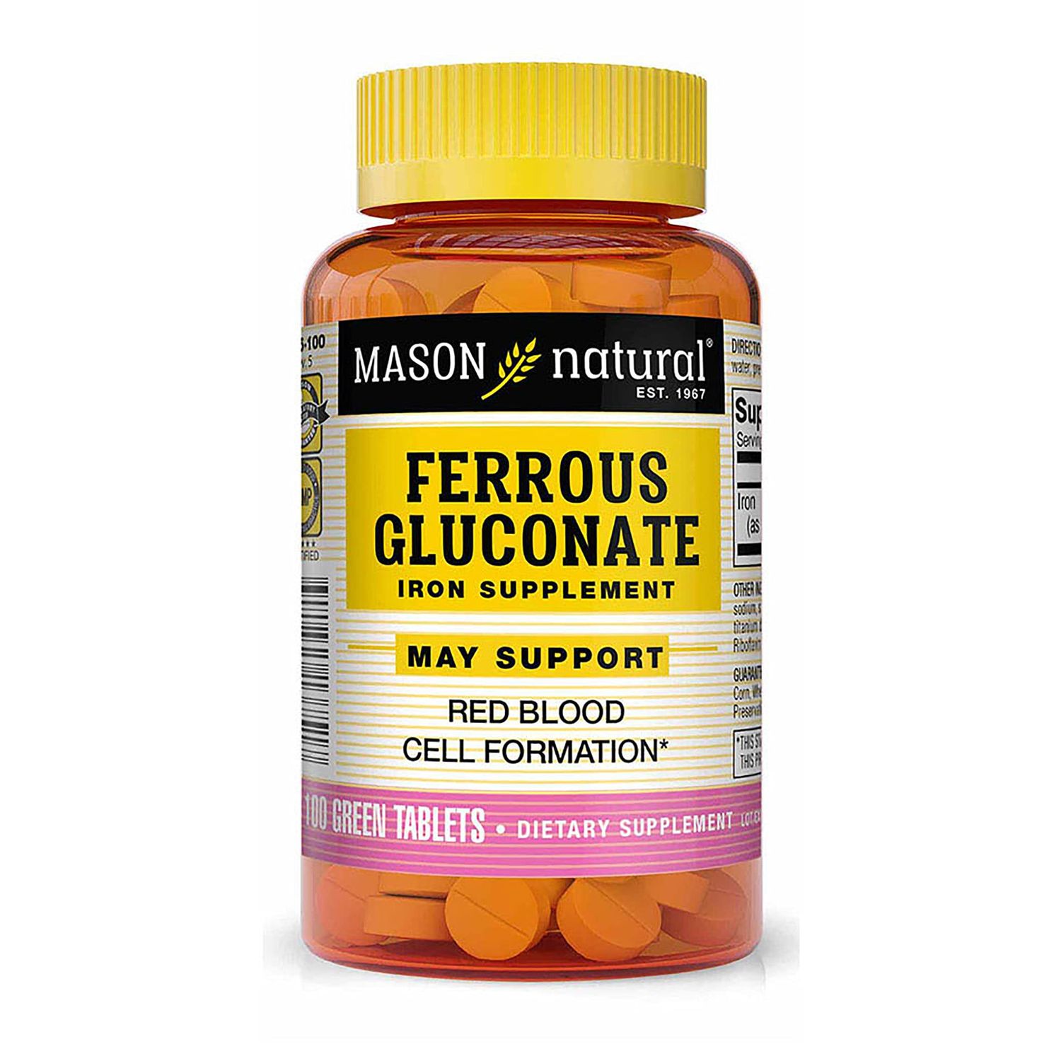 Mason Natural Ferrous Gluconate - Supports Red Blood Cell Formation, Gentle on Stomach Iron Supplement, 100 Tablets