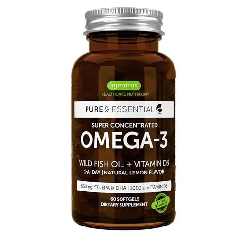 Advanced Omega-3 Wild Fish Oil &amp; Vitamin D3 1000iu, 1-a-Day, Triglyceride Form EPA &amp; DHA, Fast-Acting rTG, Natural Lemon Flavor, Non-GMO, 60 Softgels, by Igennus