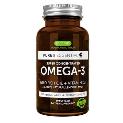 Advanced Omega-3 Wild Fish Oil &amp; Vitamin D3 1000iu, 1-a-Day, Triglyceride Form EPA &amp; DHA, Fast-Acting rTG, Natural Lemon Flavor, Non-GMO, 60 Softgels, by Igennus