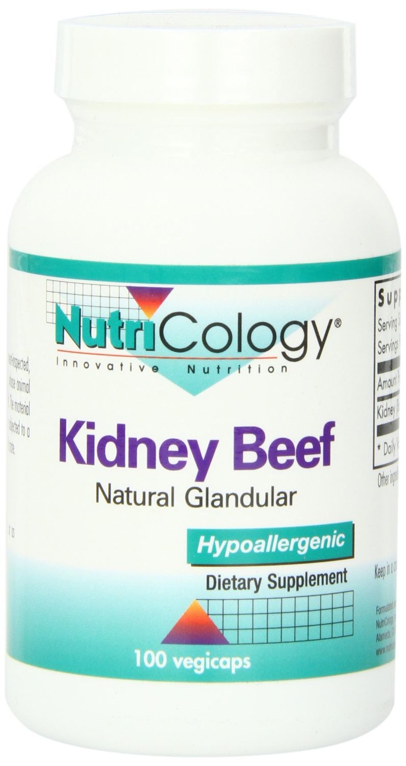Nutricology Kidney Beef Supplement - Natural Glandular, Freeze-Dried, Bovine, Lyophilized, Beef Organ, 500mg Vegetarian Capsules - 100 Count
