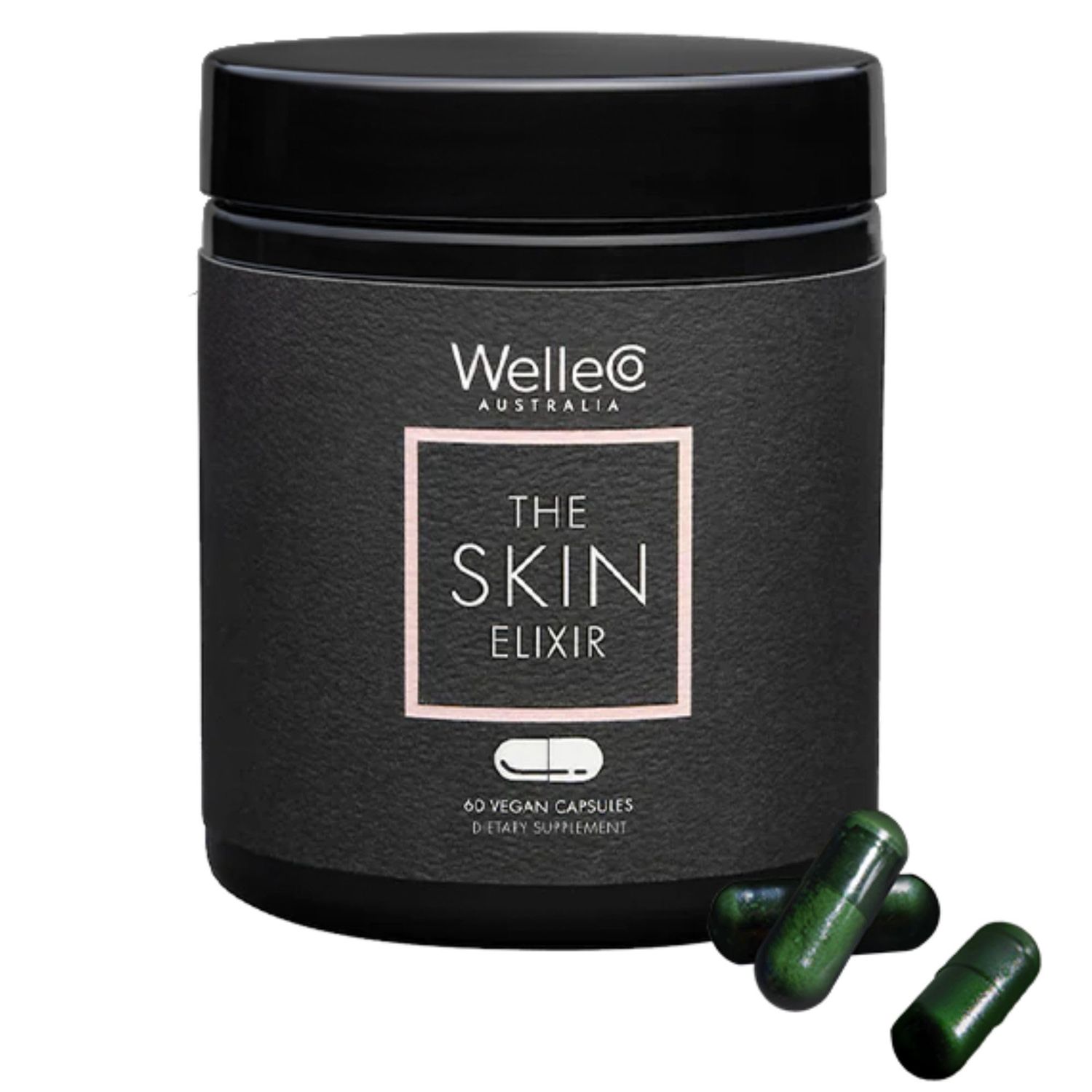 WelleCo The Skin Elixir Greens Powder Capsules with Zinc, Turmeric, Essential Skin Food, Supports Collagen Formation, Gluten Free &amp; Vegan Glowing Skin Supplement, Firmness &amp; Elasticity, 60 Capsules