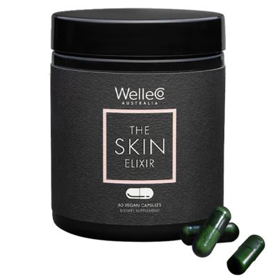 WelleCo The Skin Elixir Greens Powder Capsules with Zinc, Turmeric, Essential Skin Food, Supports Collagen Formation, Gluten Free &amp; Vegan Glowing Skin Supplement, Firmness &amp; Elasticity, 60 Capsules