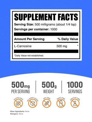 BulkSupplements.com L-Carnosine Powder - Carnosine Supplement, Carnosine 500mg - Amino Acid Supplement, Gluten Free, 500mg per Serving, 500g (1.1 lbs) (Pack of 1)