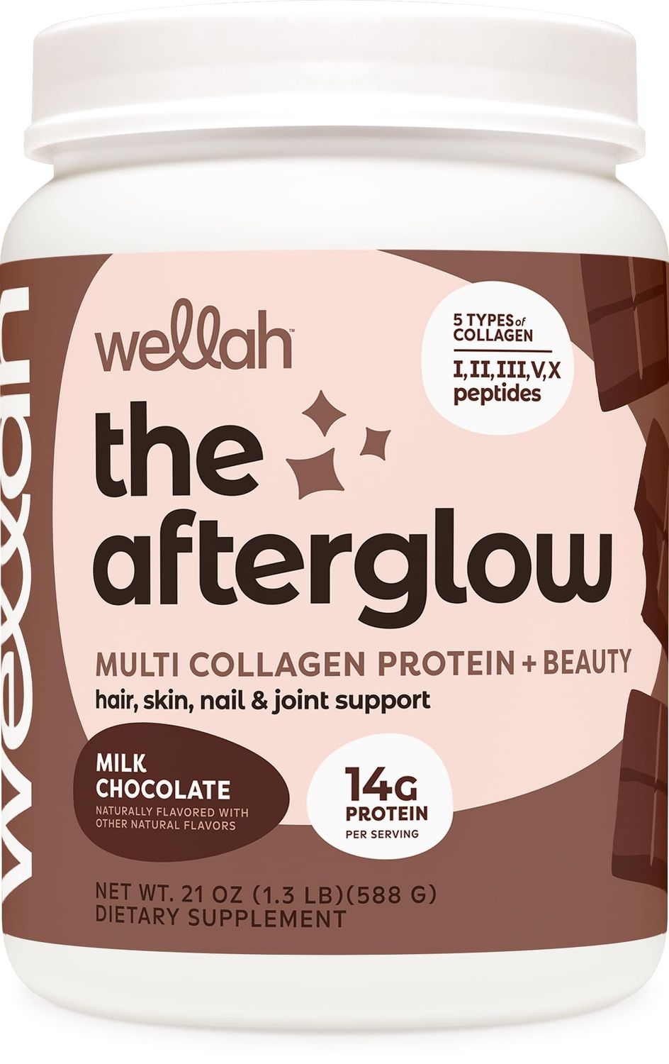 Wellah The Afterglow Multi Collagen Protein + Beauty (30 Servings, Chocolate) - Hair, Skin, Nail &amp; Joint Support - Non-GMO &amp; Gluten Free