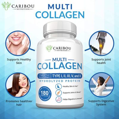 Multi Collagen Pills - 180 Collagen Pills - Type I, II, III, V &amp; X Collagen Capsules - Unique Blend of Collagen Peptides Capsules - Wild Fish, Eggshell, Chicken &amp; Grass-Fed Beef Collagen Supplements