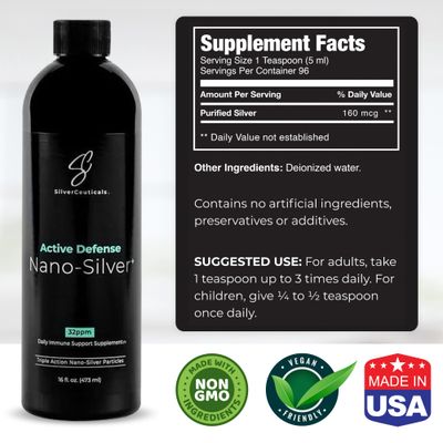 Colloidal Silver w/Nano Silver-Sol - 32ppm 16oz - 8X More Effective - Natural Immune Support - Save The Sick Days - Ages 5 &amp; Up - Outperforms Higher PPM Silvers - No Taste &amp; Smell - 3rd Party Tested