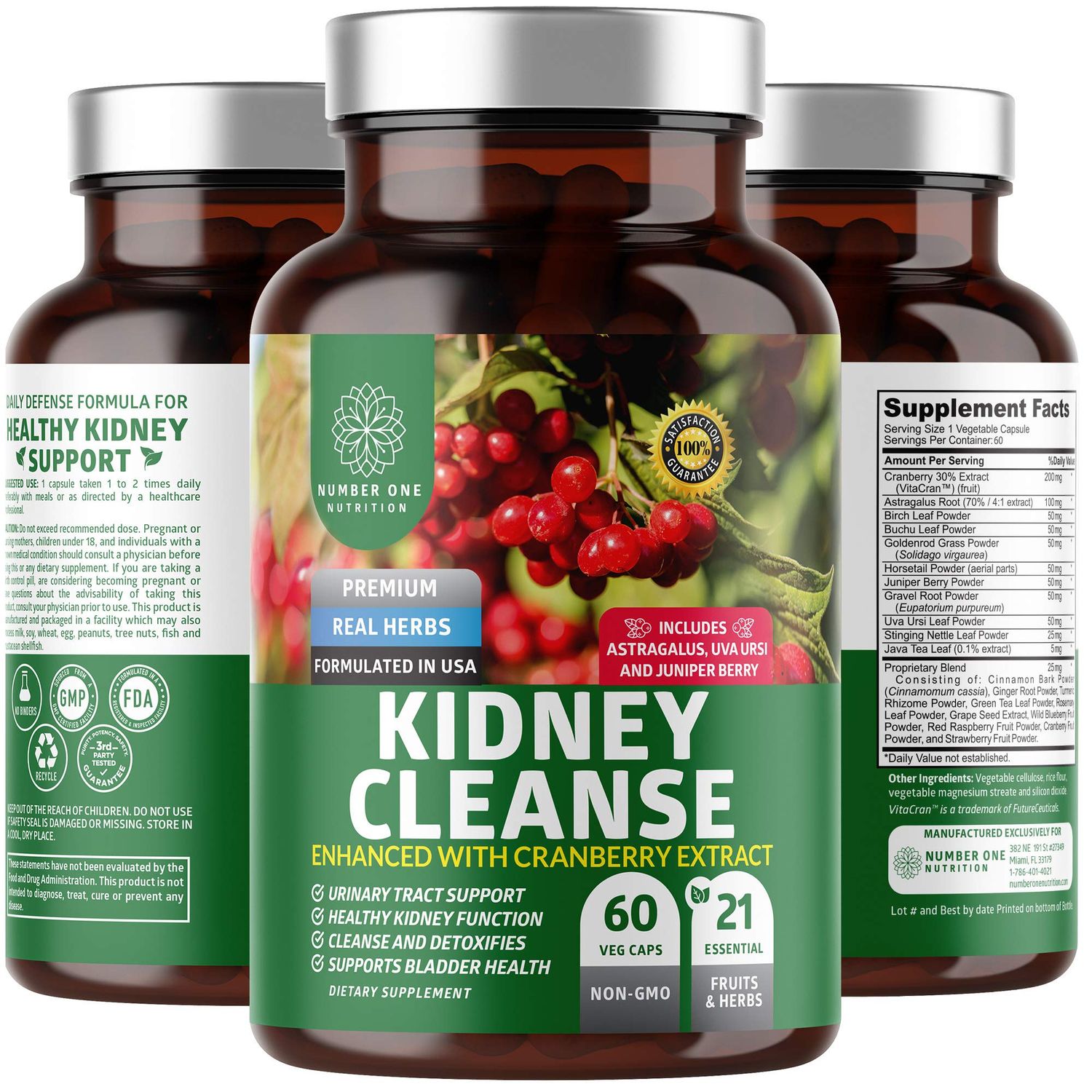 N1N Premium Kidney Cleanse [21 Potent Herbs] for Urinary Tract &amp; Bladder Control, Natural Kidney Support with Cranberry Extract, Astragalus and Uva Ursi Leaf, 60 Veg Caps