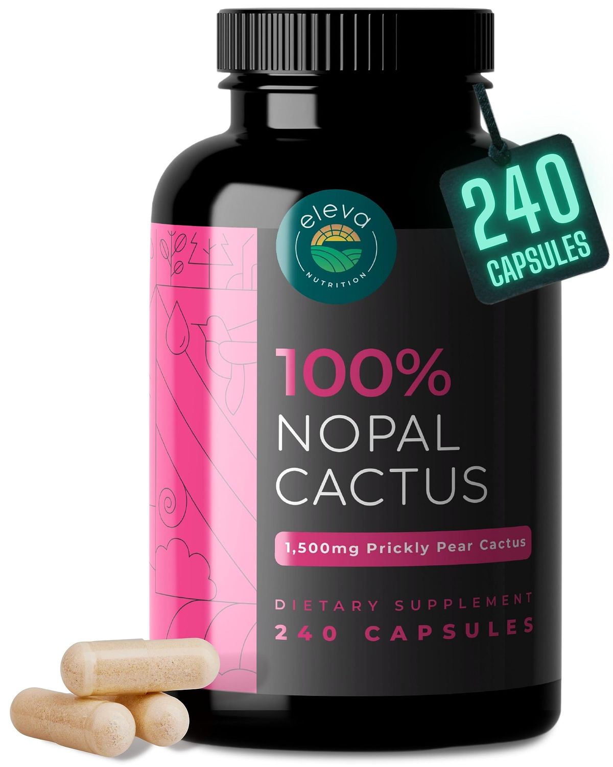Eleva Nutrition Nopal Cactus Capsules 1500mg - Organic Sun-Dried Prickly Pear Cactus Powder and Black Pepper Extract for Absorption - Natural Prickly Pear Extract Non-GMO Capsules - 240 Capsules