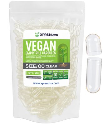 XPRS Nutra Size 00 Empty Capsules - 500 Count Clear Empty Vegan Capsules - Vegetarian Empty Pill Capsules - DIY Vegetable Capsule Filling - Veggie Pill Capsules Empty Caps