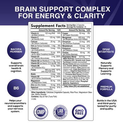 Nootropic Brain Supplements for Memory and Focus - 40 Nootropics &amp; Vitamins to Support Clarity &amp; Concentration, Brain Health Memory Pills with Phosphatidylserine Bacopa Huperzine &amp; DMAE - 60 Capsules
