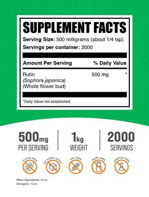 BulkSupplements.com Rutin Powder - from Sophora Japonica, Rutin Supplement, Rutin 500mg - Antioxidants Source, Soy Free, 500mg per Serving, 1kg (2.2 lbs) (Pack of 1)