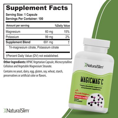NaturalSlim MagicMag C Magnesium Citrate Capsules - Magnesium Supplement with Natural Potassium | Rest Support, Heart Health, and Muscle Cramp Relief | Gluten-Free, 100 Capsules (2 Pack)