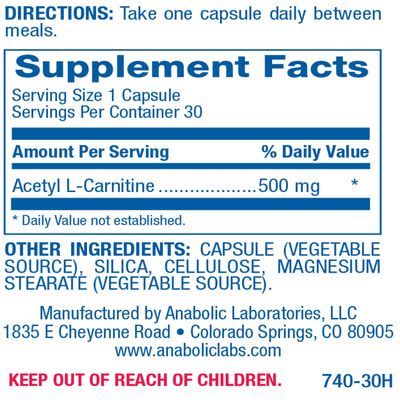 Anabolic Laboratories Acetyl L Carnitine Supplements - 30 Vegetarian 500mg Capsules for Brain Health and Energy Production