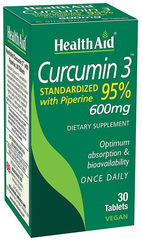 Curcumin 3, 30ct, 600mg Once Daily Tablets, Helps with Optimum Absorption &amp; Bioavailability, Standardized with Piperine