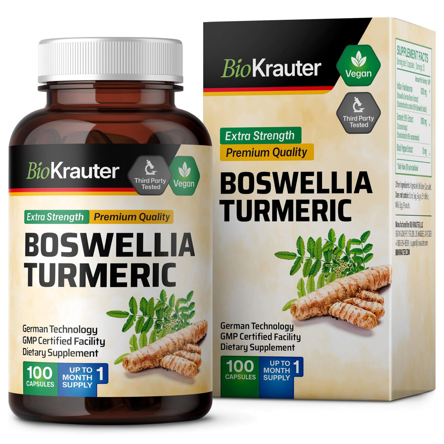 BIO KRAUTER Turmeric Supplement with Boswellia Extract Capsules - 2000 mg Blend - 100 Count - Boswellia Turmeric (Curcumin) - Joint Support Formula w/Black Pepper - Vegan Boswellia Turmeric Capsules