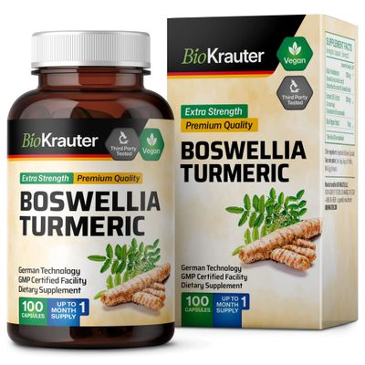 BIO KRAUTER Turmeric Supplement with Boswellia Extract Capsules - 2000 mg Blend - 100 Count - Boswellia Turmeric (Curcumin) - Joint Support Formula w/Black Pepper - Vegan Boswellia Turmeric Capsules