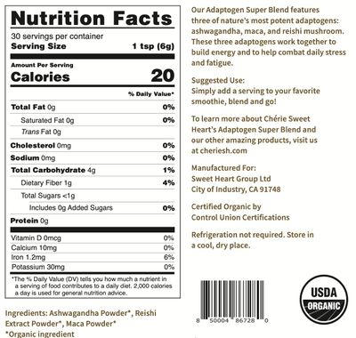 Cherie Sweet Heart Adaptogen Super Blend, USDA Organic, Maca + Reishi + Ashwagandha, 6 Ounce Bag, Non-GMO, Vegan, Gluten Free