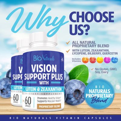 Bio Naturals Eye Vitamin Supplement with Lutein, Zeaxanthin, Lycopene, Bilberry, Quercetin &amp; More - All Natural Proprietary Blend Supports Vision &amp; Macular Health - 60 Veggie Capsules