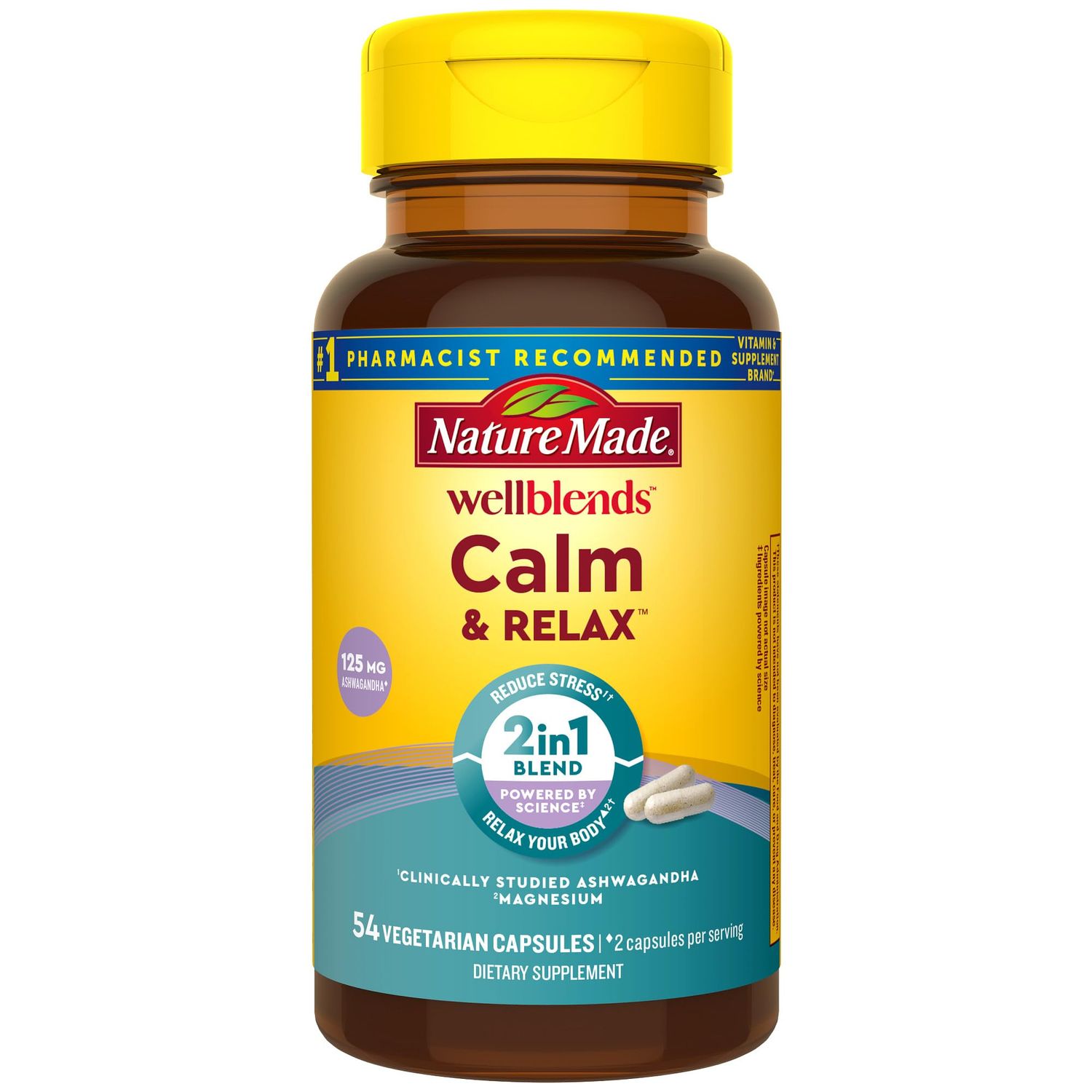 Nature Made Wellblends Calm &amp; Relax, Ashwagandha 125mg, Magnesium 300 mg, 54 Vegetarian Capsules