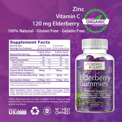Elderberry Queen Organic Elderberry Gummies 60 ct - Immune Support Gummies with Vitamin C &amp; Zinc - Elderberry Vitamin Gummies for Adults and Kids