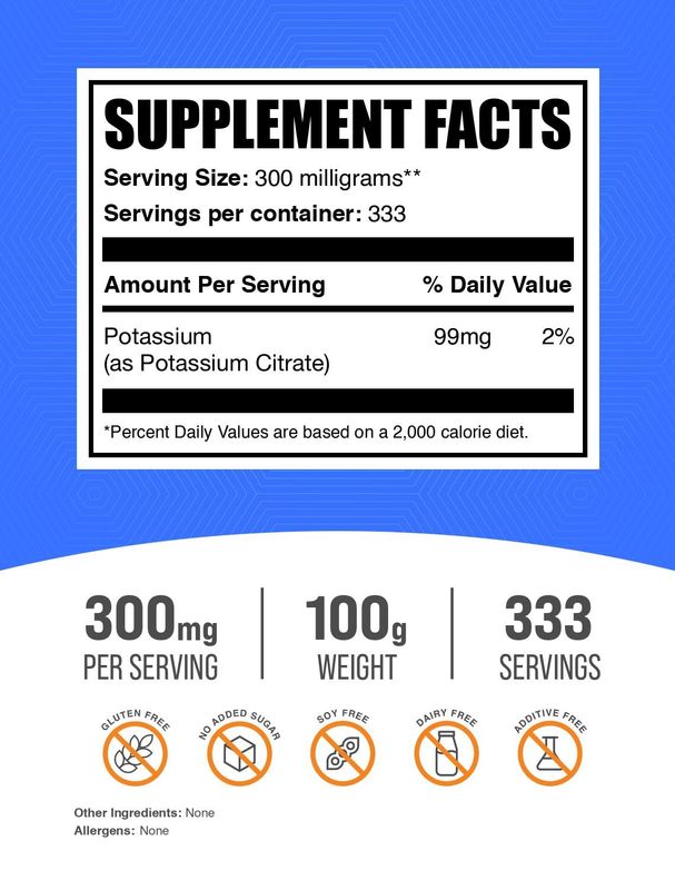 BulkSupplements.com Potassium Citrate Powder - Potassium Citrate Supplement, Potassium Powder, Potassium 99mg - Gluten Free, 300mg per Serving, 100g (3.5 oz) (Pack of 1)