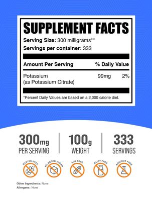 BulkSupplements.com Potassium Citrate Powder - Potassium Citrate Supplement, Potassium Powder, Potassium 99mg - Gluten Free, 300mg per Serving, 100g (3.5 oz) (Pack of 1)