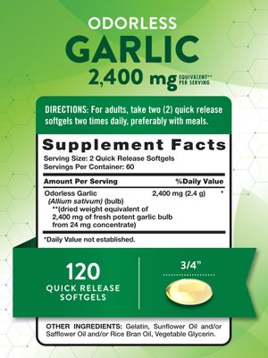Nature's Truth Odorless Garlic 2400 mg | 120 Softgels | Extract Pills | Non-GMO, Gluten Free Supplement