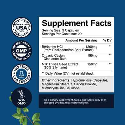 Balancing Berberine Plus 1200mg Per Serving Complex - Antioxidant Berberine with Ceylon Cinnamon Capsules Plus Silymarin Milk Thistle Extract - Active PK for Heart Health and Sugar Support 60 Capsules
