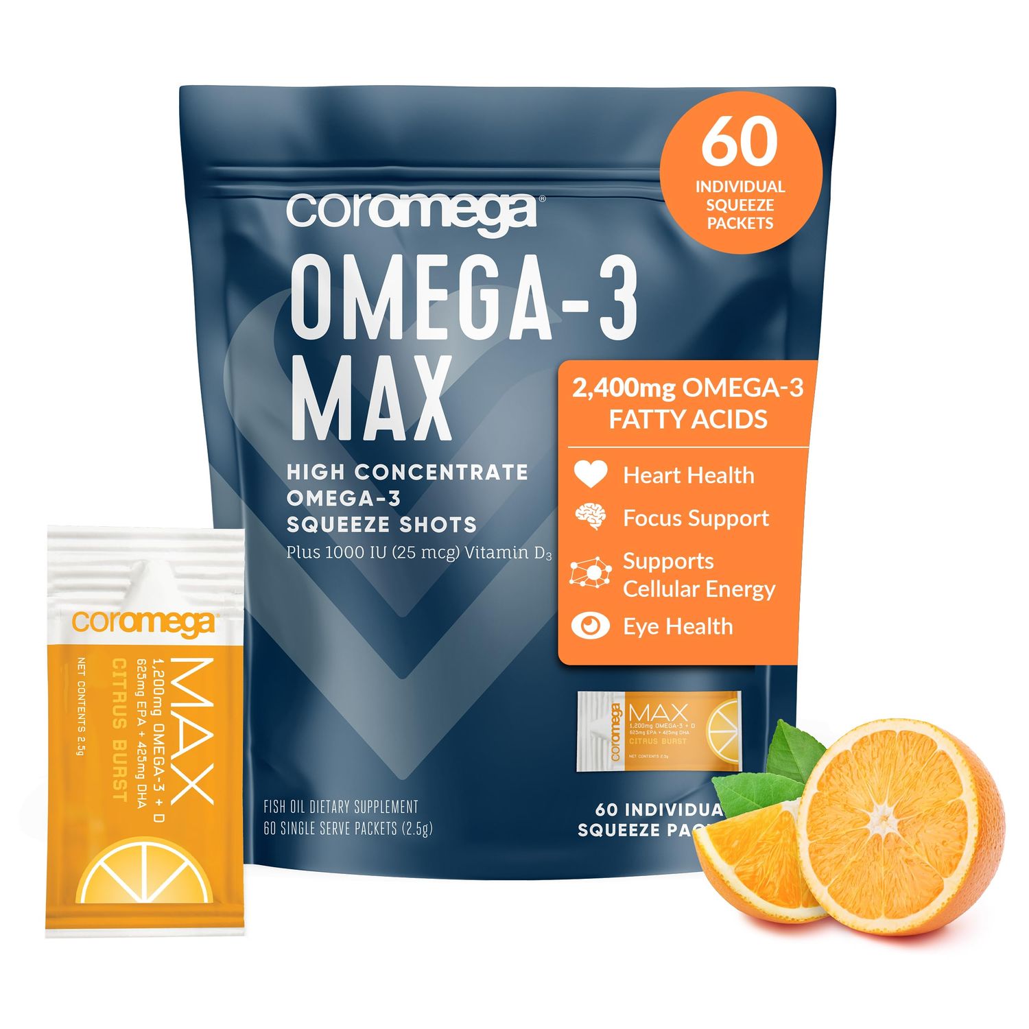 Coromega MAX 2400mg Omega-3 Fish Oil + Vitamin D (60 Squeeze Packets, Citrus Burst) Wild-Caught, No Fishy Taste - 3X Better Absorption Than Softgels, Supports Brain &amp; Heart Health