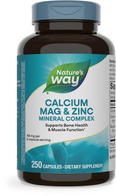 Natures Way Calcium-Magnesium-Zinc - Bone Health &amp; Muscle Function* - With Calcium Carbonate, Citrate &amp; Malate - Gluten &amp; Dairy Free - 250 Capsules