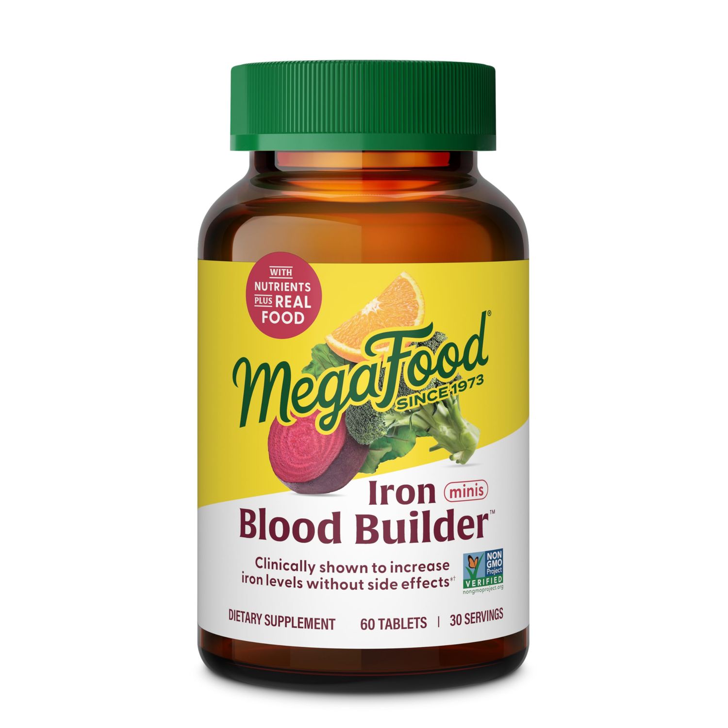 MegaFood Blood Builder Minis - Iron Supplement Clinically Shown to Increase Iron Levels Without Side Effects - Iron with Vitamin C, Vitamin B12 &amp; Folic Acid - Vegan - 60 Tablets (30 Servings)