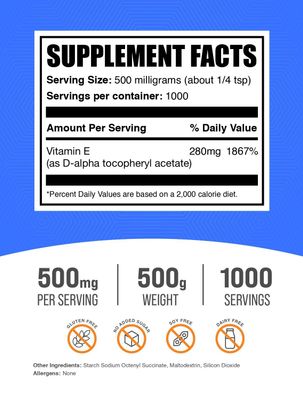 BulkSupplements.com Vitamin E 400 IU Powder - as D-Alpha Tocopherol, Vitamin E Supplements, Vitamin E Powder - Gluten Free, 500mg per Serving, 500g (1.1 lbs) (Pack of 1)