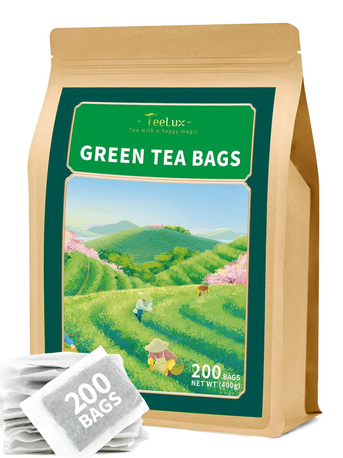 TeeLux Green Tea Bags, Natural Pure Green Tea, Super Antioxidant, Caffeinated, Support Overall Health, 200 Count