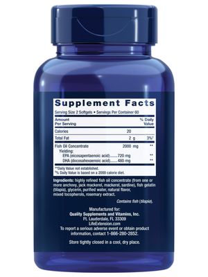 Life Extension Mega EPA/DHA, Omega-3 Fatty acids, Heart &amp; Brain Health, Inflammation Health Support, Non-GMO, Gluten-Free, 120 softgels