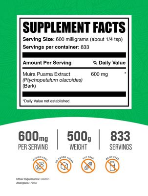 BulkSupplements.com Muira Puama Extract Powder - Muira Puama Supplement, from Muira Puama Bark - Herbal Supplement, Gluten Free, 600mg per Serving, 500g (1.1 lbs) (Pack of 1)