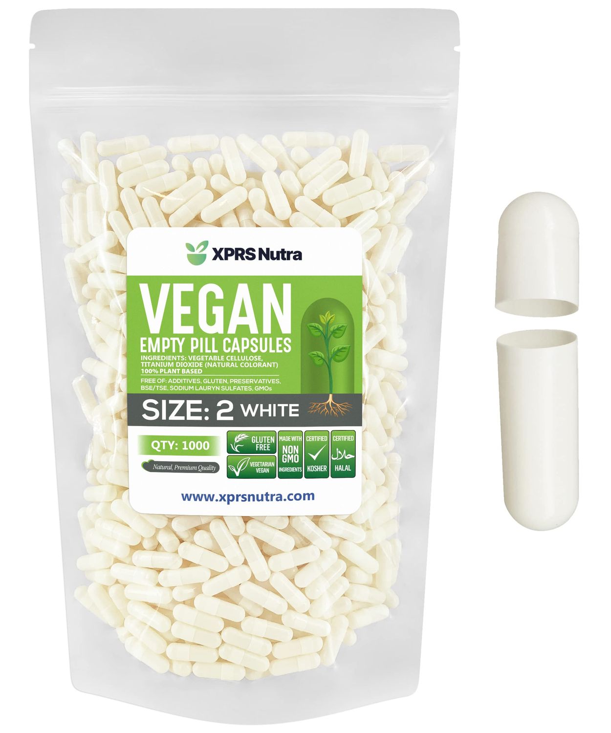 XPRS Nutra Size 2 Empty Capsules - 1000 Empty Vegan Capsules - Vegetarian Empty Pill Capsules - DIY Vegetable Capsule Filling - Veggie Pill Capsules Empty Caps Pills (White)