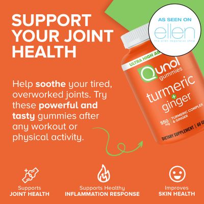 Qunol Turmeric and Ginger Gummies, Gummy with 500mg Turmeric + 50mg Ginger, Joint Support Supplement, Ultra High Absorption Tumeric and Ginger, Vegan, Gluten Free, 1 Month Supply 60ct Gummies