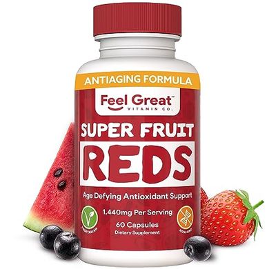 Feel Great Vitamins Superfruit Reds - Antioxidant Superfood with Polyphenols for Anti-Aging &amp; Immune Support - Acai, Mangosteen, Pomegranate, Blueberry &amp; Much More - 60 Capsules