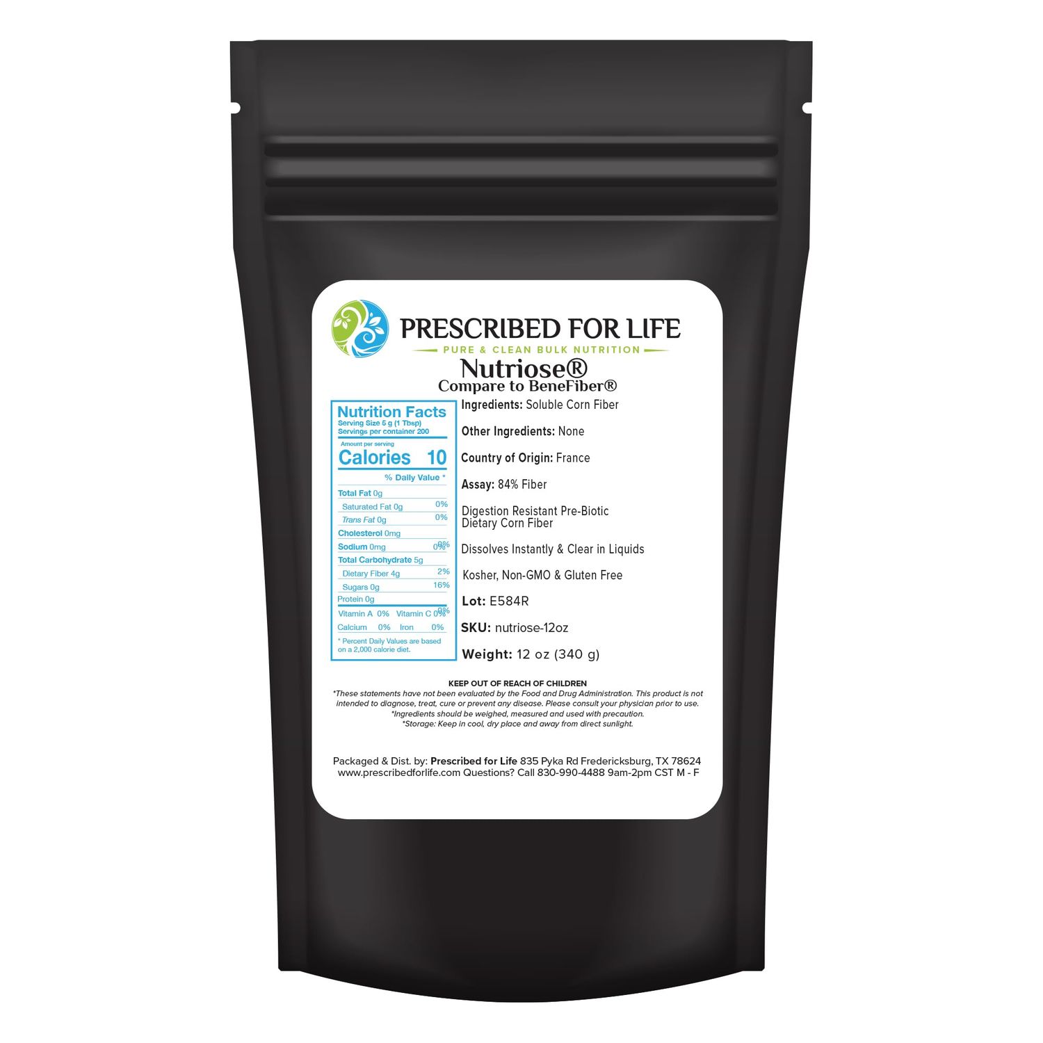 Prescribed For Life Nutriose Powder | Natural Fiber Supplement | Prebiotic Soluble Corn Fiber for Adults | Gluten Free, Vegan, Non GMO (12oz / 340g)