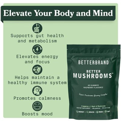 Betterbrand BetterMushrooms Mushroom Gummies to Support Gut Health, Metabolism, Energy, Focus - Lion's Mane, Cordyceps, Chaga & Maitake Mushroom Supplement - Maintains Healthy Immune System