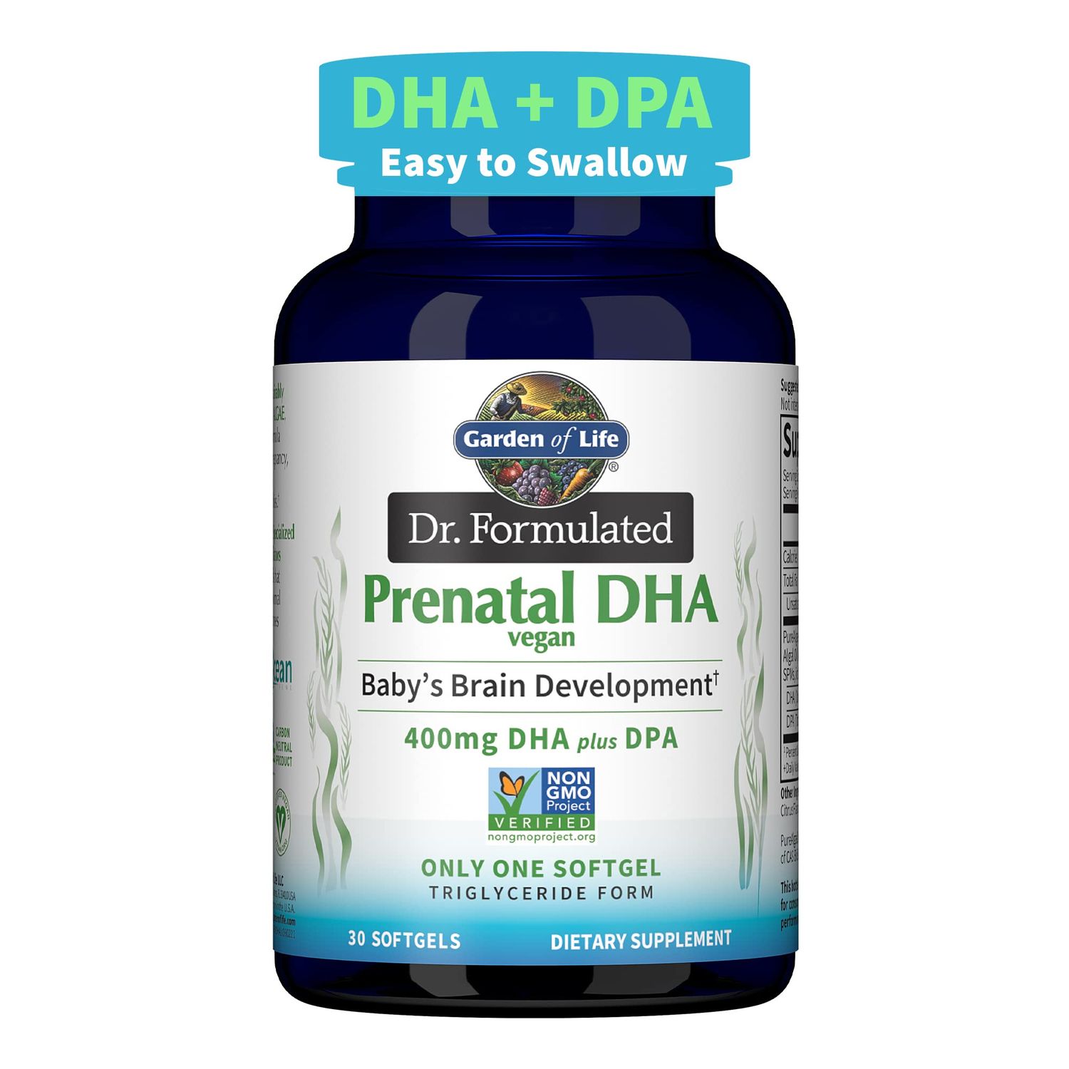 Garden of Life Dr. Formulated Prenatal Vegan DHA - Certified Vegan Omega 3 Supplement with 400mg DHA + DPA from Algal Omega 3 in Triglyceride Form, Non-GMO Algae Omega 3 for Vegans, 30 Softgels