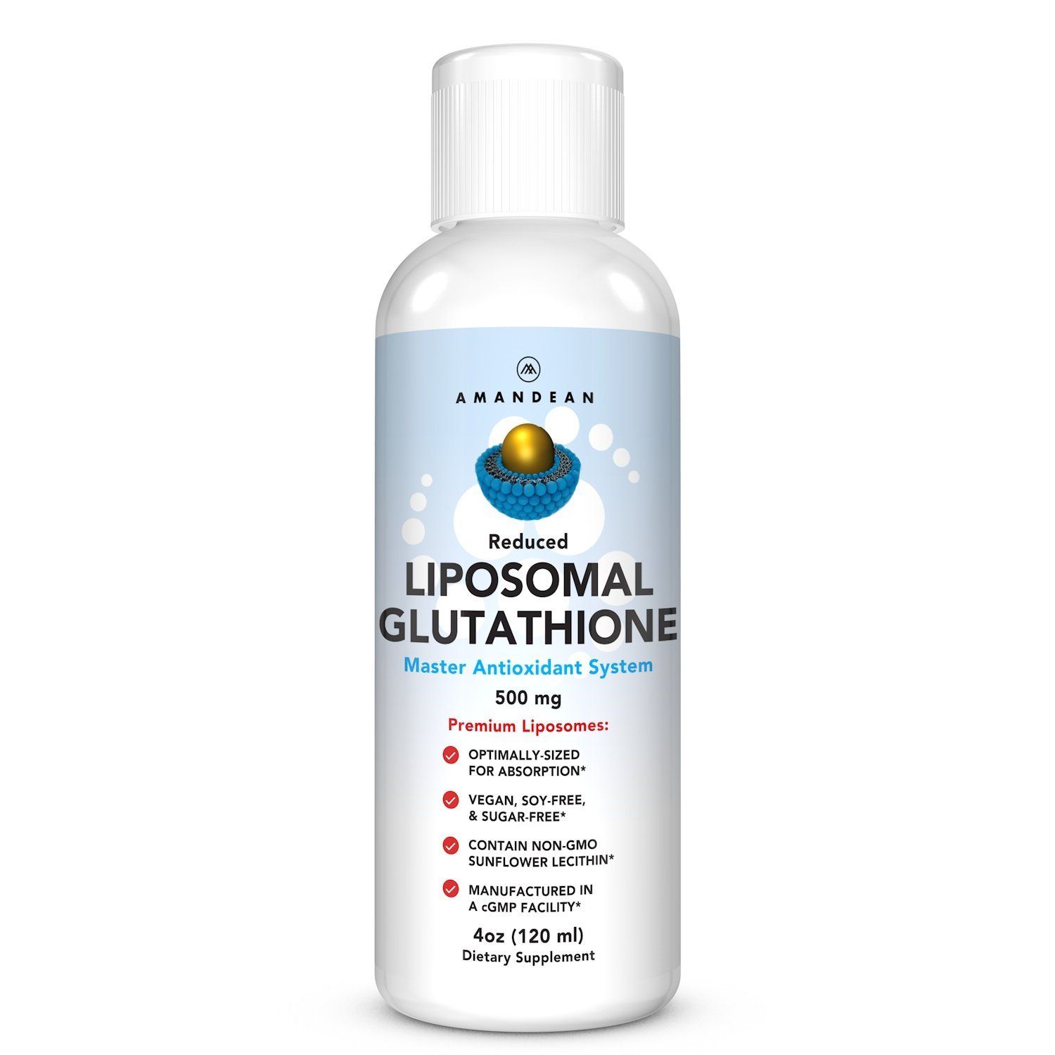 AMANDEAN Liposomal Glutathione Supplement. Liquid Reduced Setria 500mg. Immune Support, Brain Health, Liver Detox, Skin Health. Phosphatidylcholine from Non-GMO Sunflower Lecithin. Soy-Free &amp; Vegan.