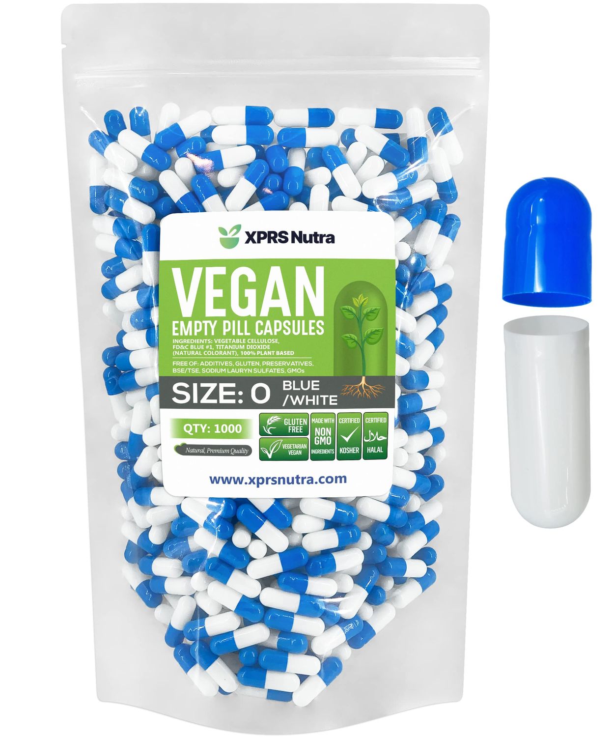 XPRS Nutra Size 0 Empty Capsules - 1000 Count Empty Vegan Capsules - Vegetarian Empty Pill Capsules - DIY Vegetable Capsule Filling - Veggie Pill Capsules Empty Caps (Blue/White)