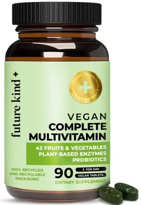Future Kind Vegan Multivitamins Complete (90tabs in Recycled Bottle) - 42-in-1 Vegan Multivitamins for Women &amp; Men - Multivitamin w Enzymes &amp; Probiotics for Digestion - Vegan Vitamins w B12 &amp; Zinc