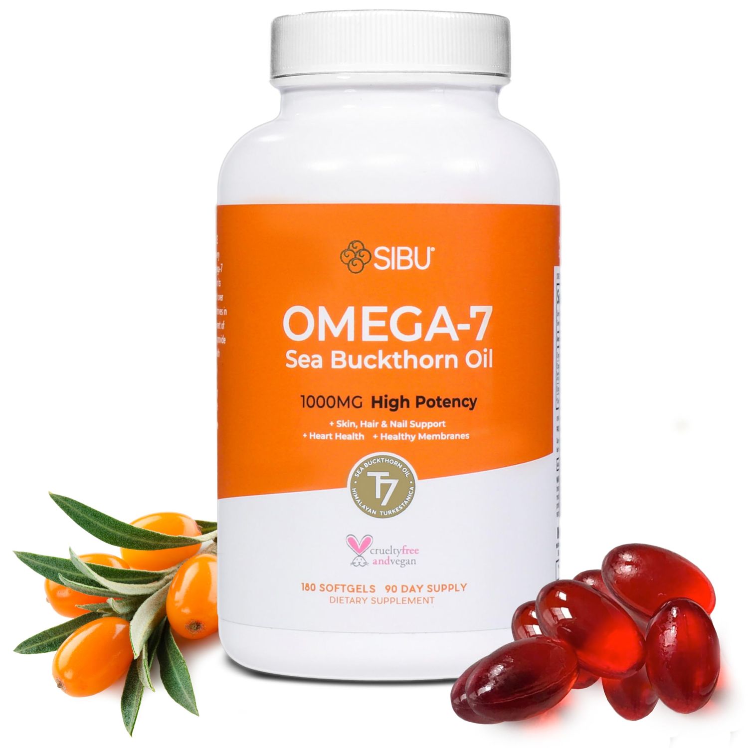 sibu Omega-7 Softgels, Premium Organic Himalayan Sea Buckthorn Oil (180ct, 90 Day Supply) - Supplement for Healthy Skin, Hair, Nails and Dryness