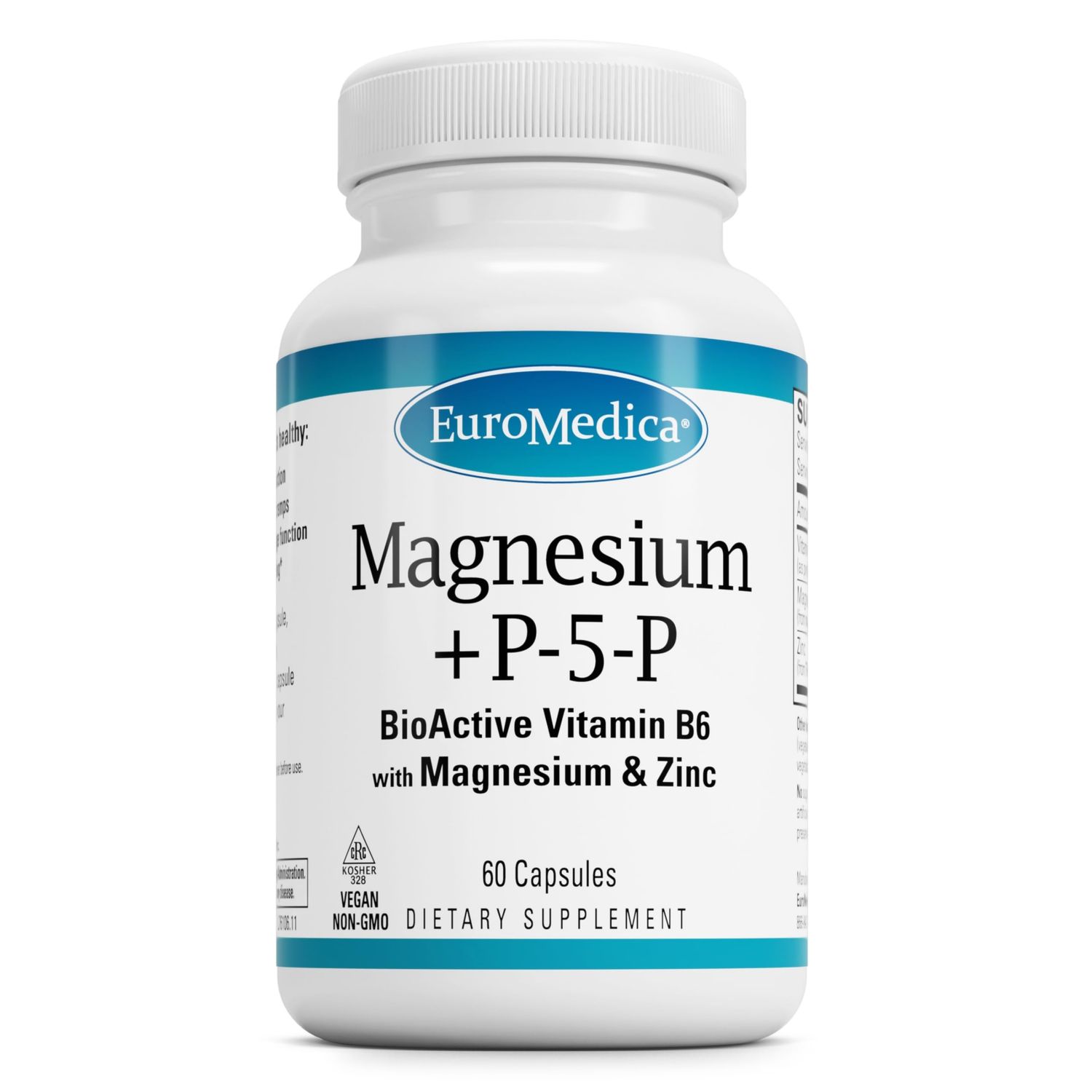 Euromedica Magnesium + P-5-P - 60 Capsules - Bio-Active Vitamin B6 with Magnesium &amp; Zinc - Heart Health, Energy, Metabolism, Mood - Non-GMO, Vegan, Kosher - 60 Servings