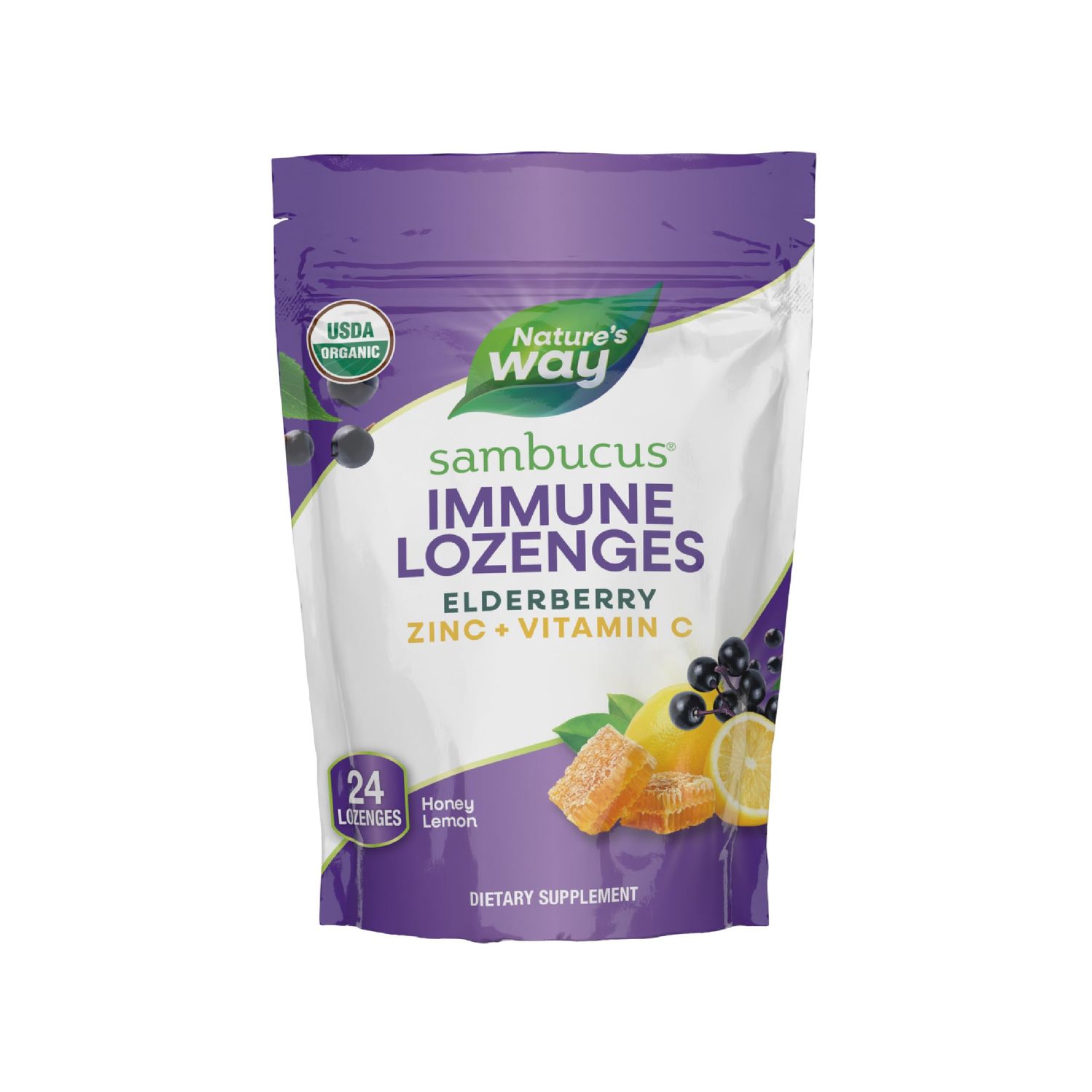 Nature&#39;s Way Sambucus Zinc Lozenges with Elderberry and Vitamin C, Honey Lemon Flavor, 24 Lozenges