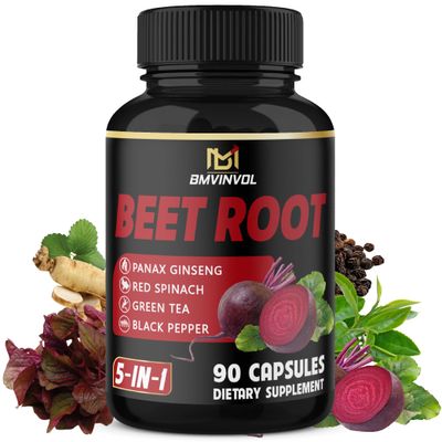 BMVINVOL Beet Root Capsules - Green Tea, Red Spinach, Ginseng, Black Pepper - 90 Count - 3 Month Supply