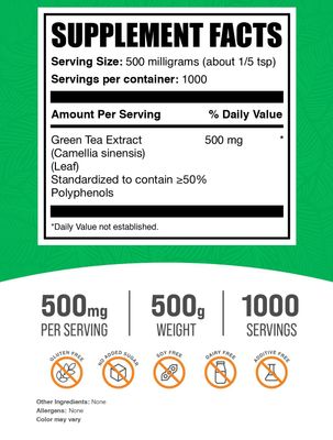 BulkSupplements.com Green Tea Extract Powder - 50% Polyphenol, Green Tea Powder - Green Tea Supplement, Herbal & Gluten Free, 500mg per Serving, 500g (1.1 lbs) (Pack of 1)