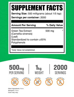 BulkSupplements.com Green Tea Extract Powder - 50% Polyphenol, Green Tea Powder - Green Tea Supplement, Herbal &amp; Gluten Free, 500mg per Serving, 1kg (2.2 lbs) (Pack of 1)